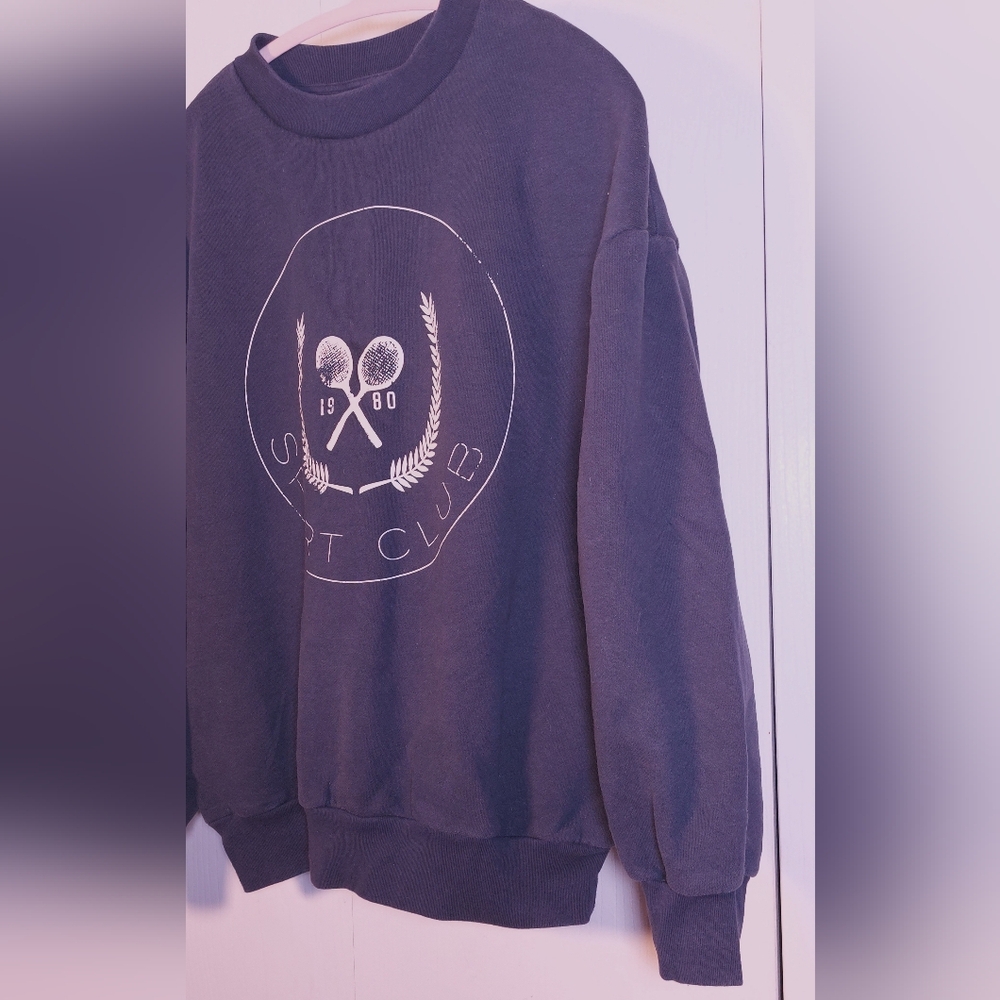 Oak + Fort Navy Varsity Graphic Sweatshirt Pullover Size Small Casual Sport Club - Picture 3 of 11